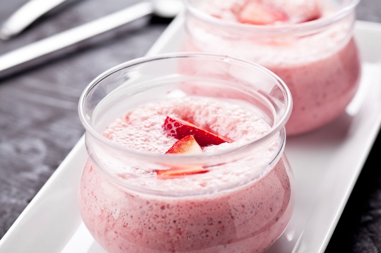 Small glass container of strawberry and tofu mousse 