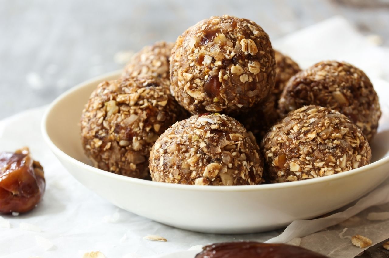 Date energy protein balls in a bowl